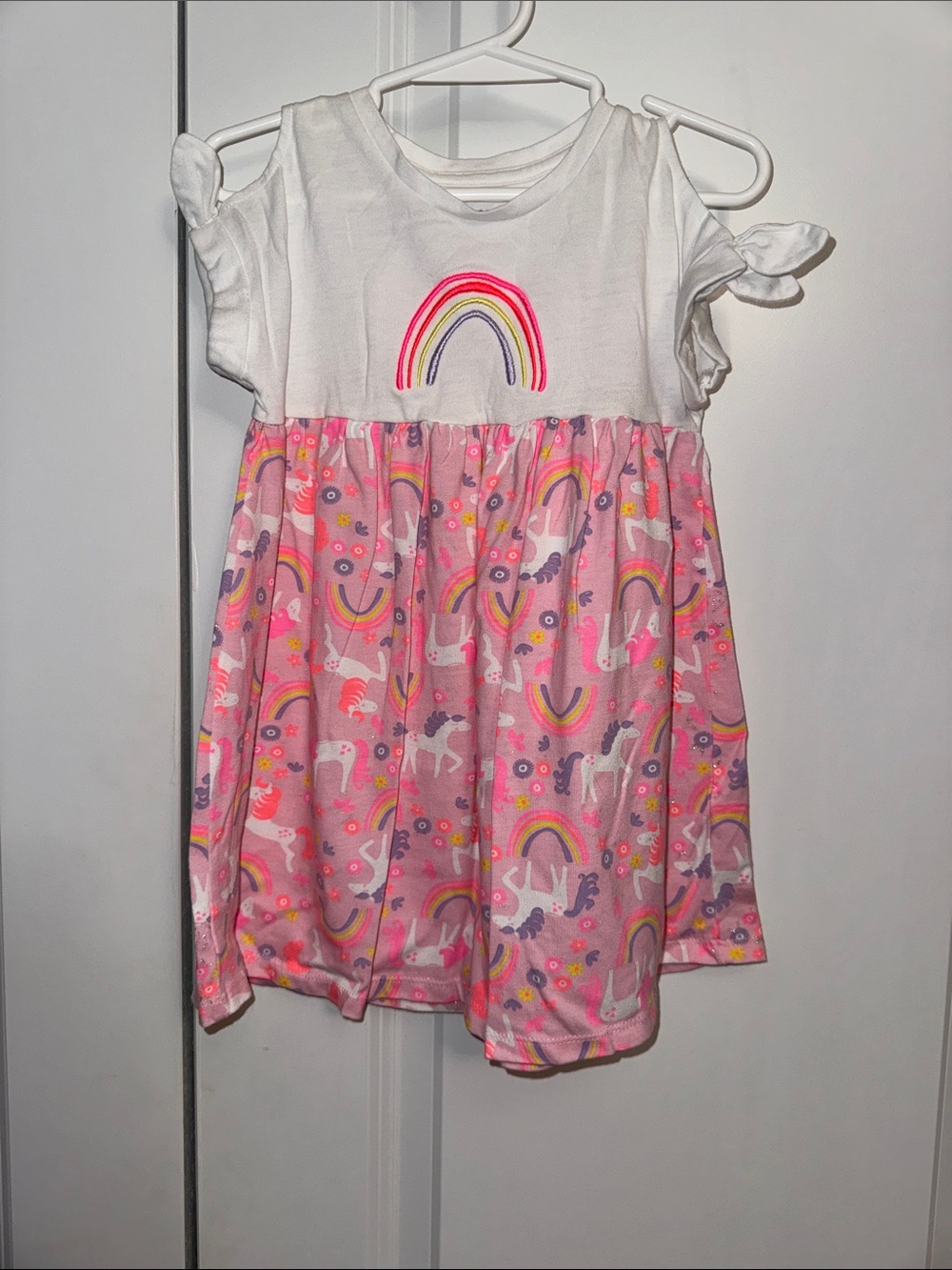 Girls' White & Pink Rainbow Unicorn Short Sleeve Dress
